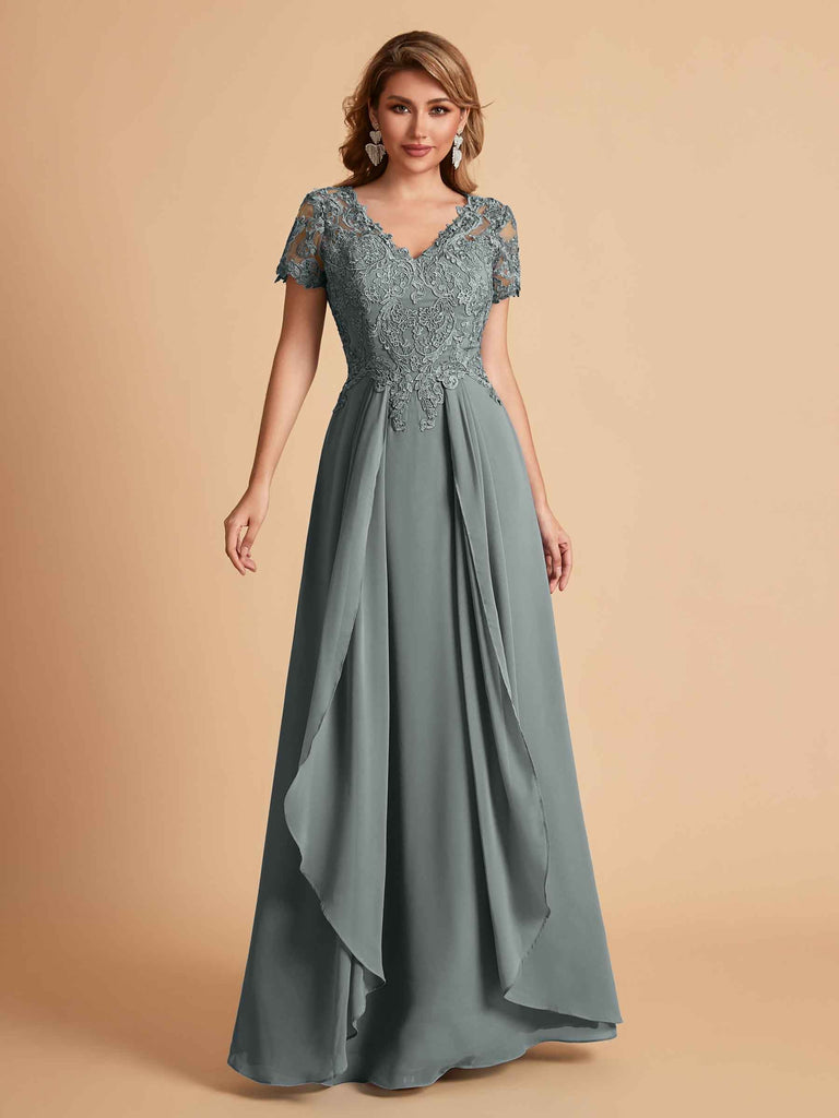 Chiffon Short Sleeves V-neck Lace Mother of the Brides Dresses UK