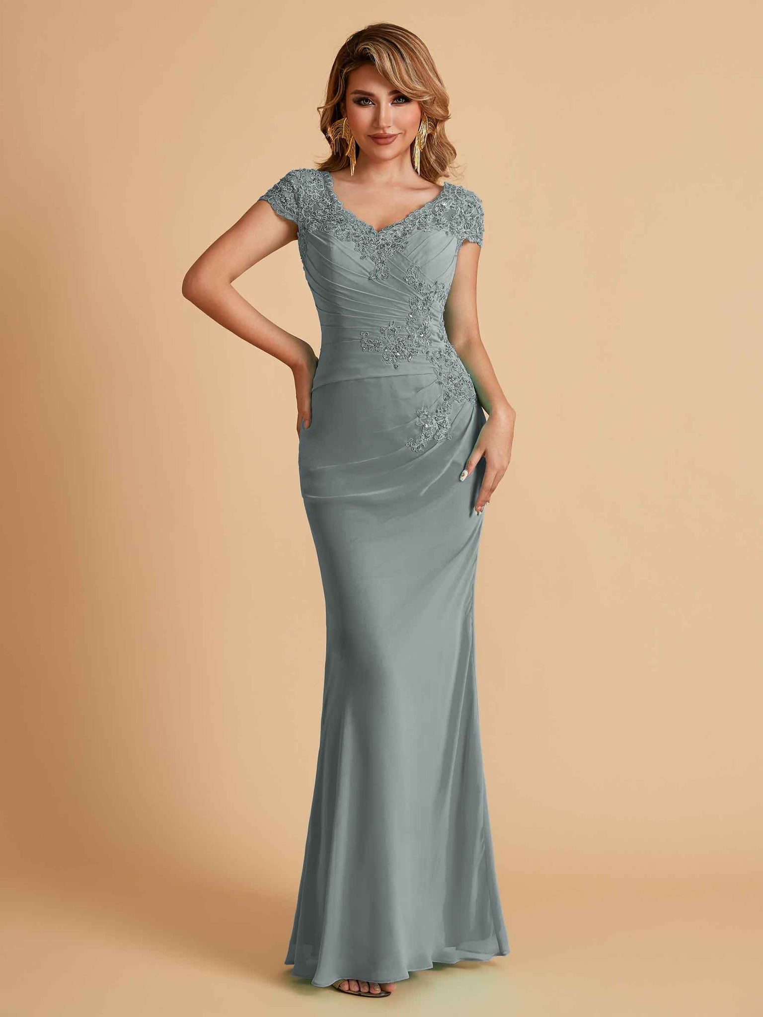 Elegant Mermaid Chiffon Cap Sleeves V-Neck Lace Mother of the Brides Dresses Online UK