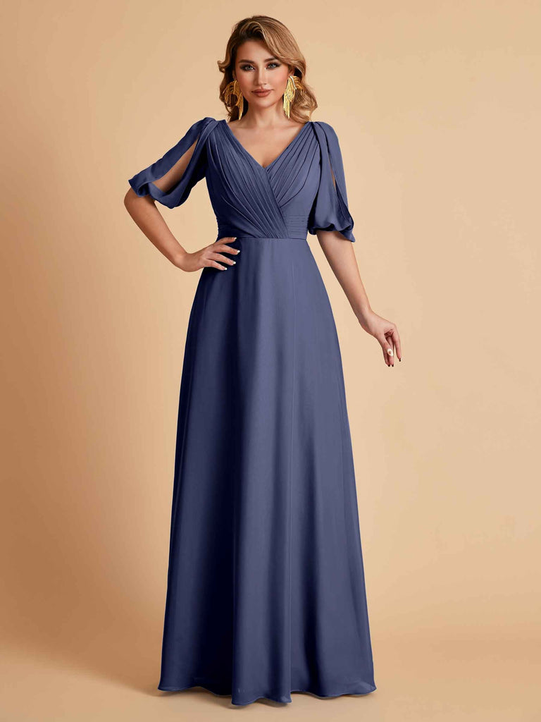 Elegant Chiffon Half Sleeves V-Neck Mother of the Brides Dresses UK Online