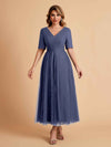 Elegant A-line Short Sleeves Tulle Lace V-neck Maxi Mother of the Brides Dresses Online UK