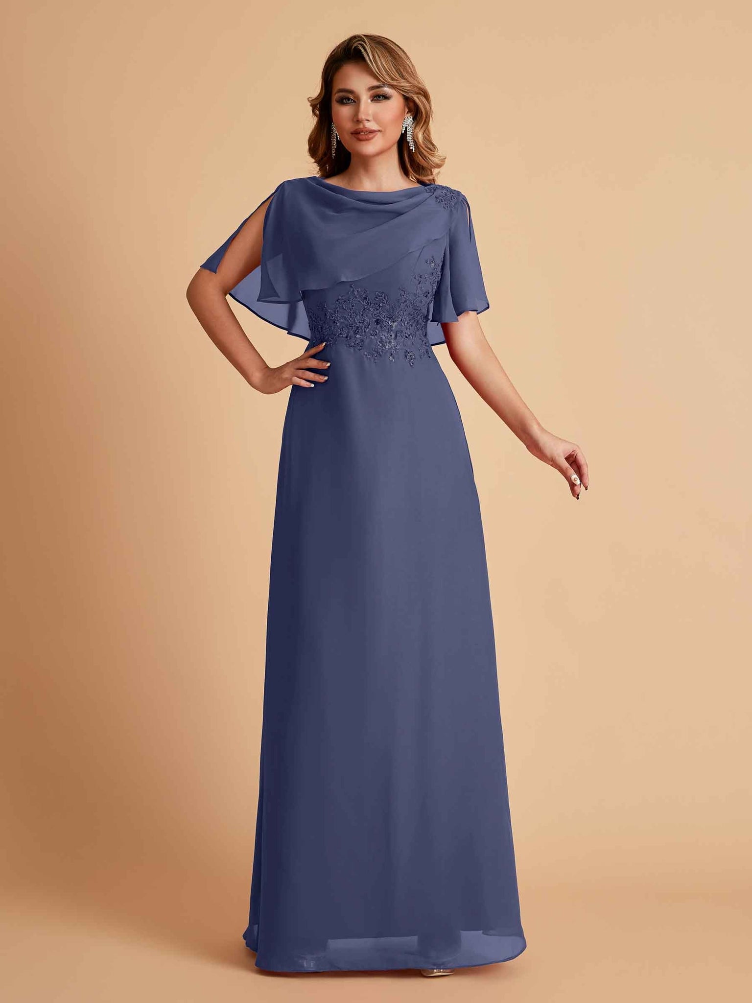 Elegant A-Line Chiffon Half Sleeves Cowl Neck Mother of the Brides Dresses Online UK