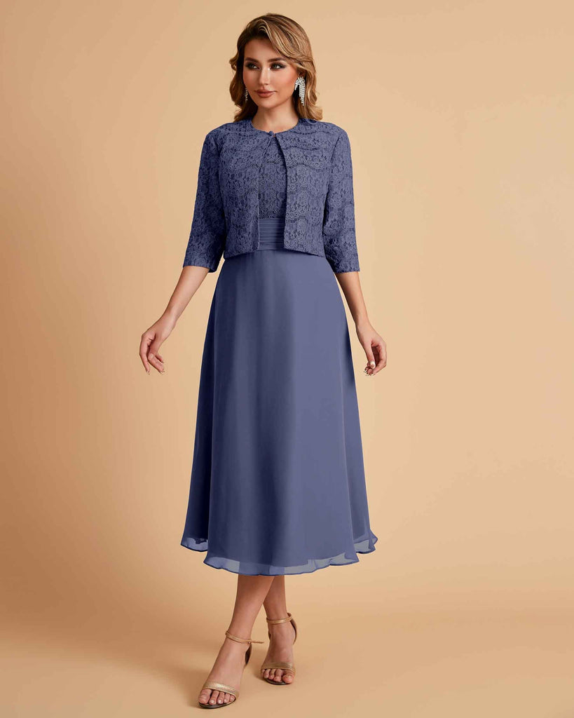 Elegant A-line Bateau Sleeveless Tea Length Short Mother of the Brides Dresses and Jacket