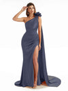 Sexy Side Split One Shoulder Mermaid Long Bridesmaid Dresses In Satin