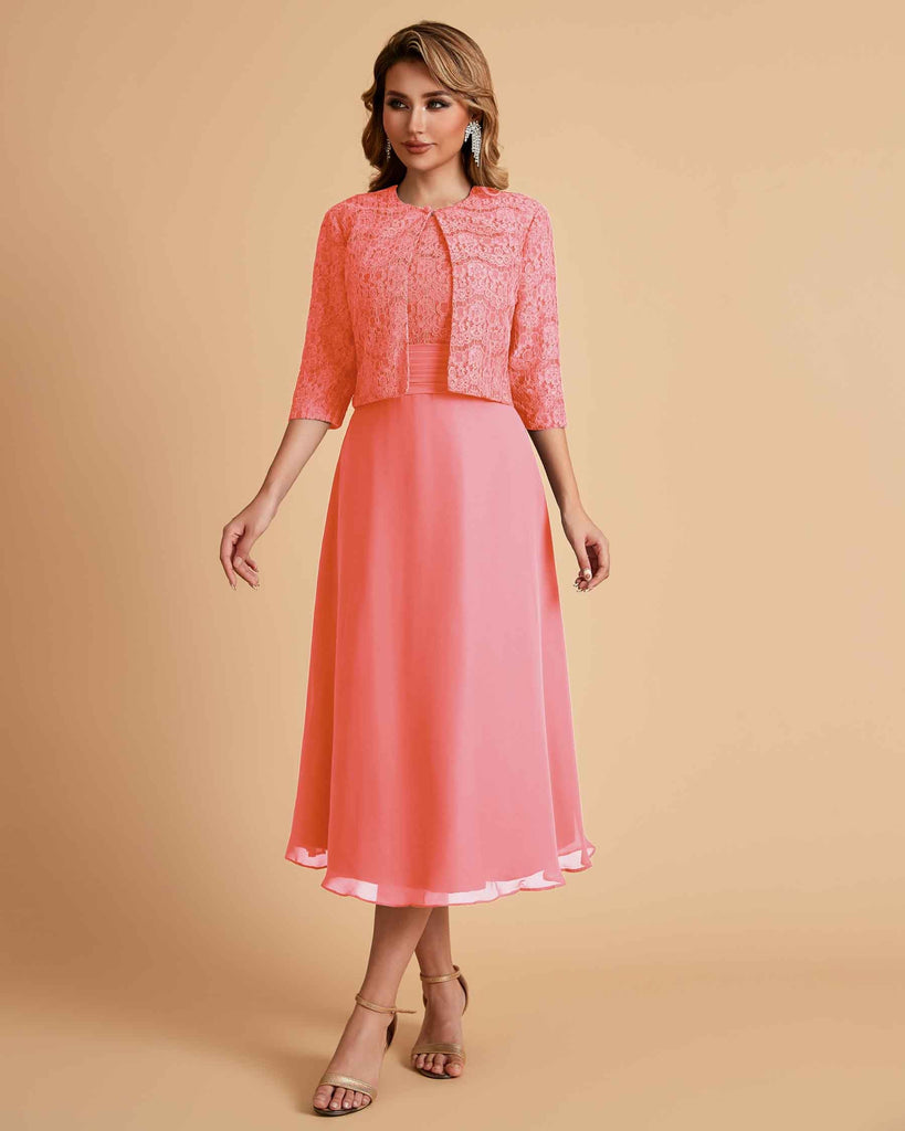 Elegant A-line Bateau Sleeveless Tea Length Short Mother of the Brides Dresses and Jacket
