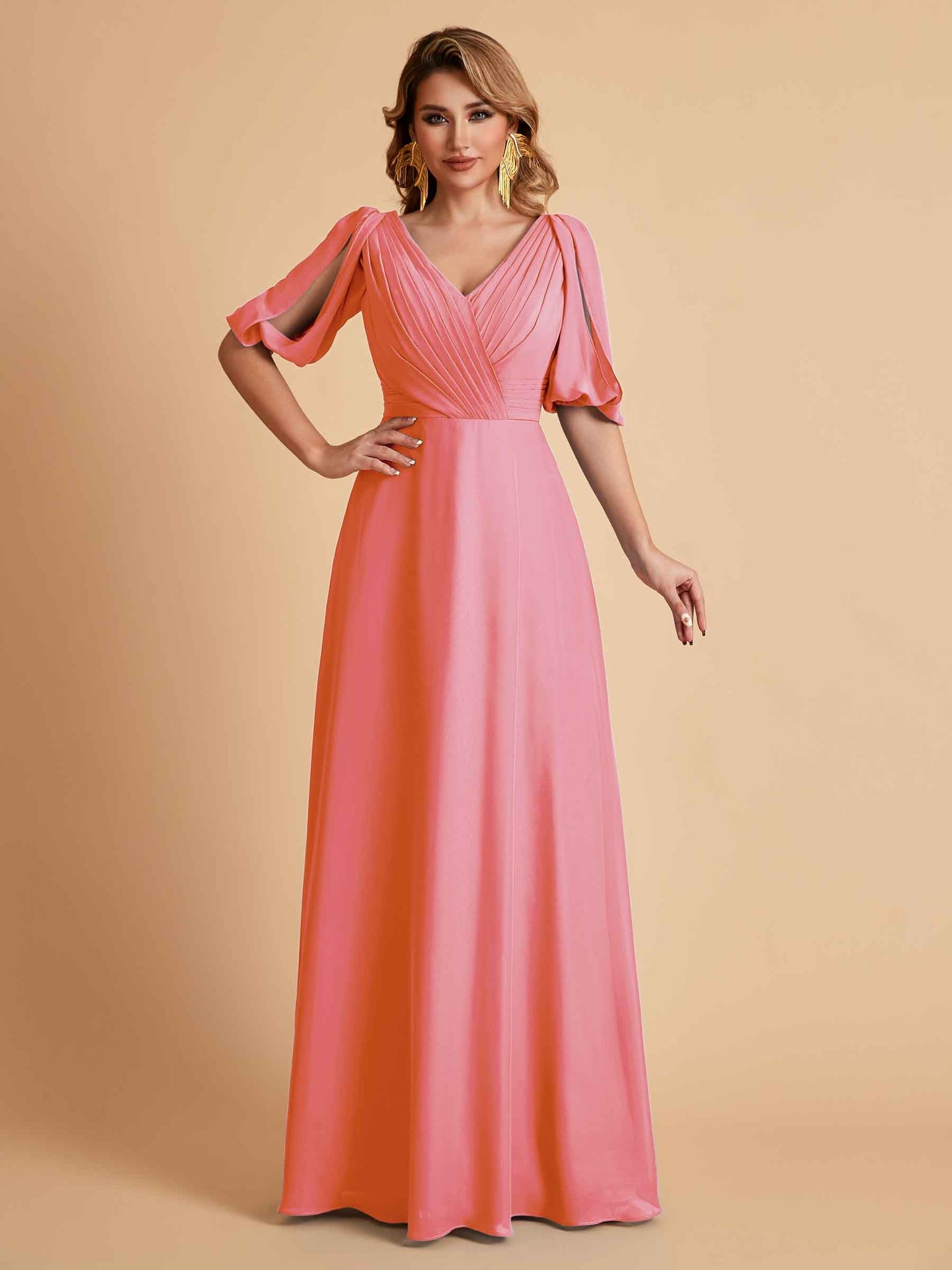 Elegant Chiffon Half Sleeves V-Neck Mother of the Brides Dresses UK Online
