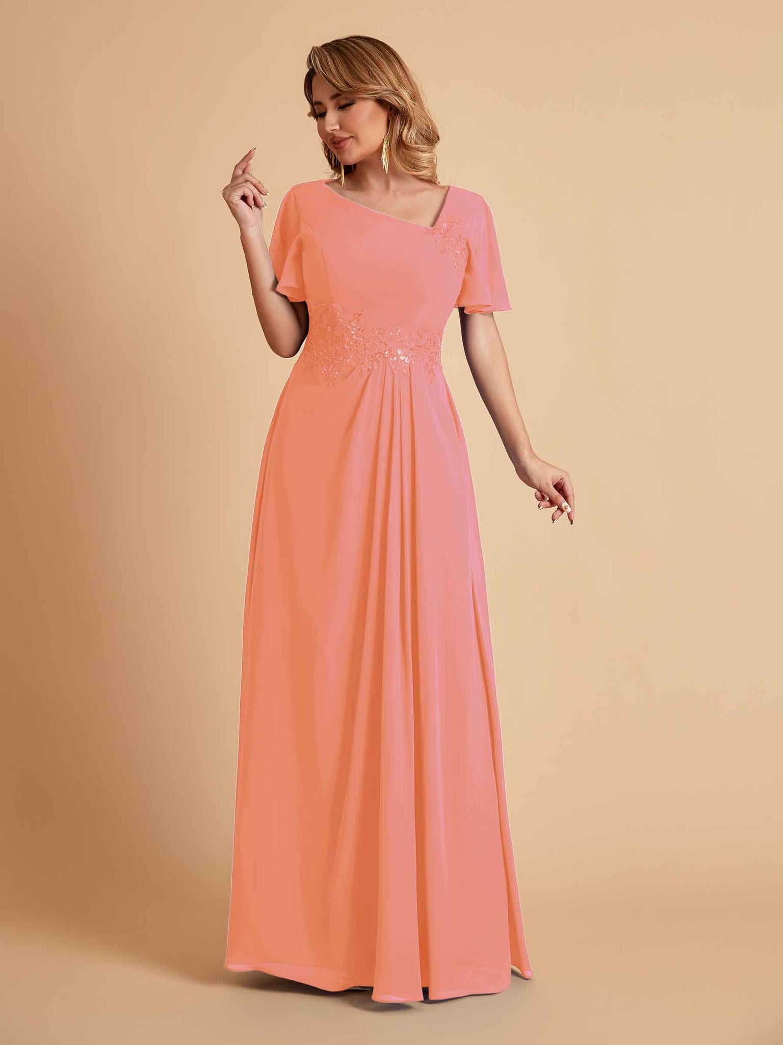 Elegant A-Line Chiffon Short Sleeves V-Neck Mother of the Brides Dresses Online
