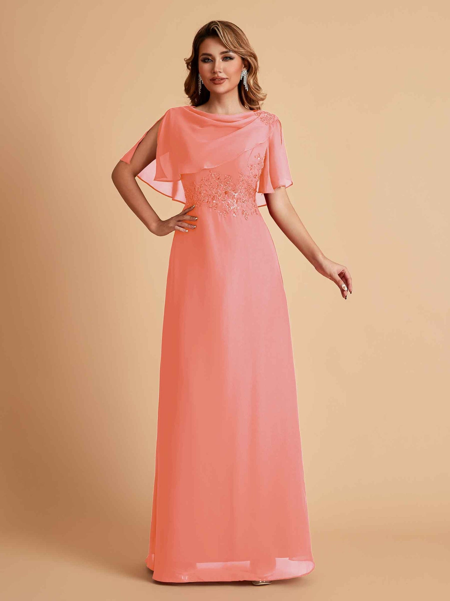 Elegant A-Line Chiffon Half Sleeves Cowl Neck Mother of the Brides Dresses Online UK