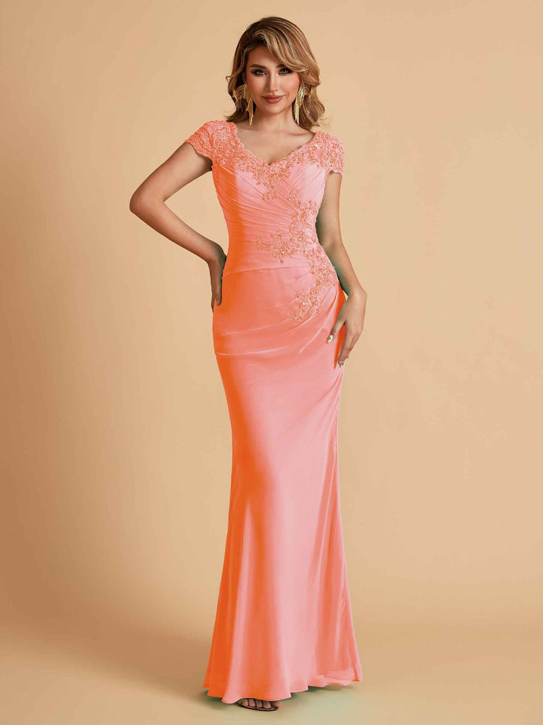 Elegant Mermaid Chiffon Cap Sleeves V-Neck Lace Mother of the Brides Dresses Online UK