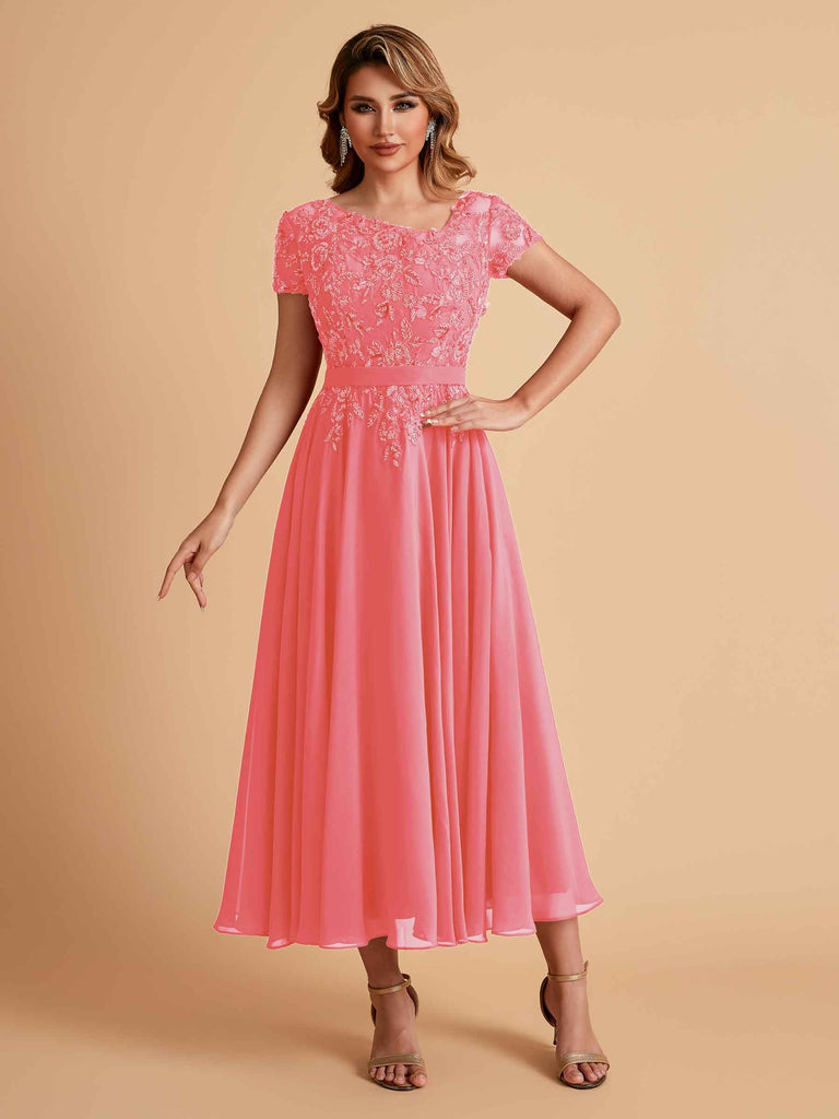 Elegant Chiffon Short Sleeves Short Midi Mother of the Brides Dresses UK Online