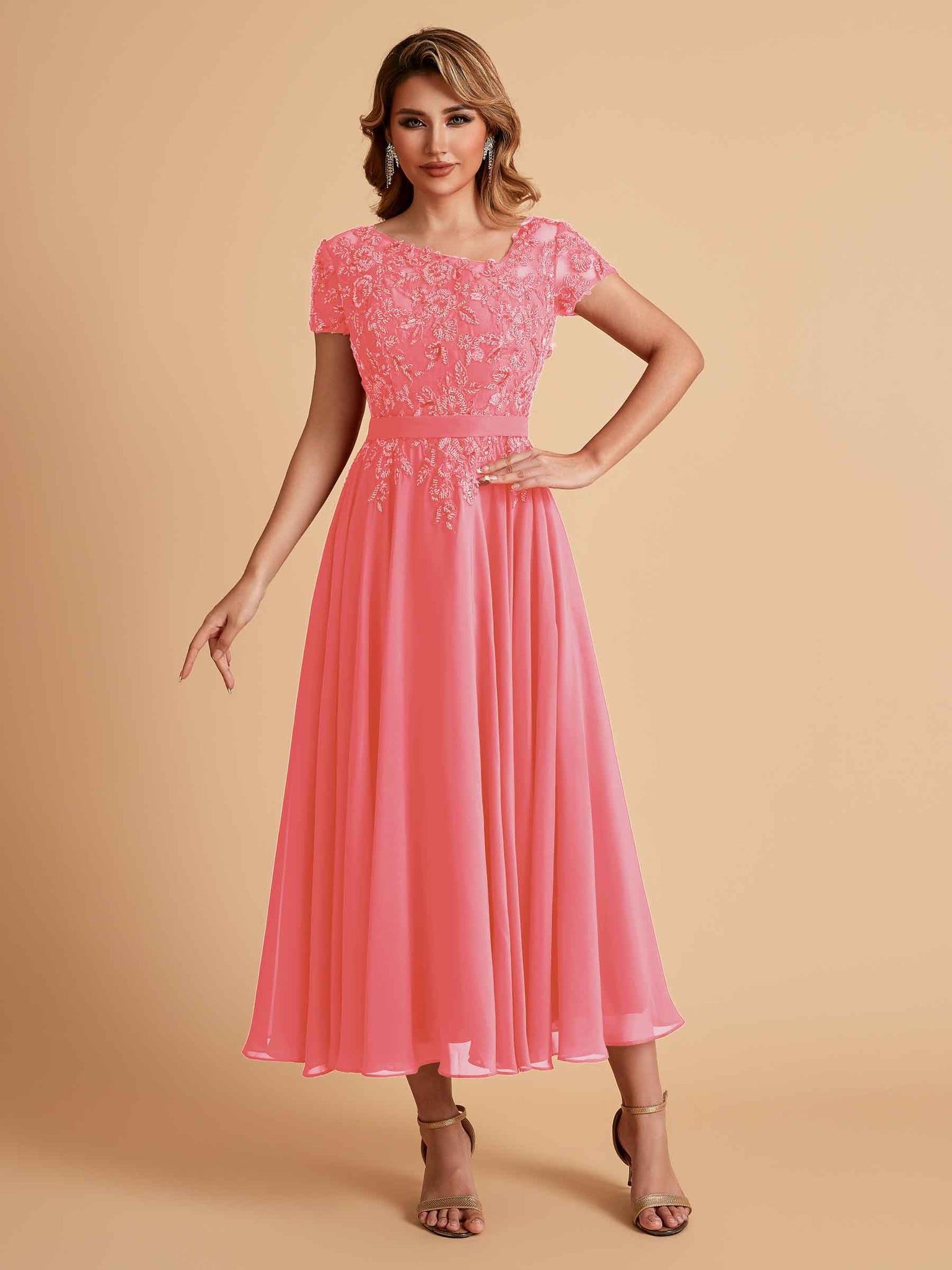 Elegant Chiffon Short Sleeves Short Midi Mother of the Brides Dresses UK Online