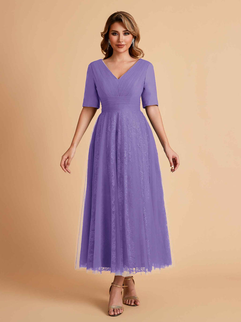 Elegant A-line Short Sleeves Tulle Lace V-neck Maxi Mother of the Brides Dresses Online UK