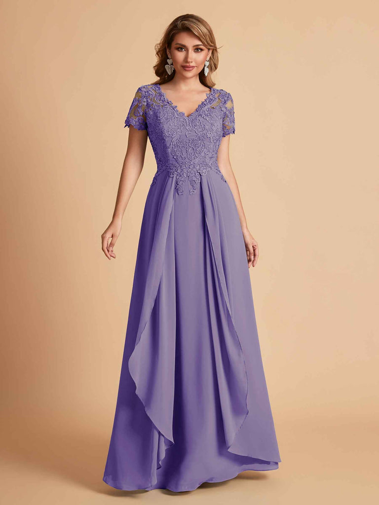 Chiffon Short Sleeves V-neck Lace Mother of the Brides Dresses UK