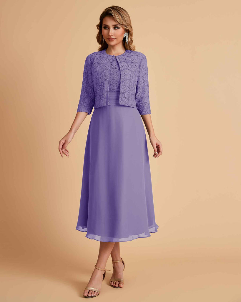 Elegant A-line Bateau Sleeveless Tea Length Short Mother of the Brides Dresses and Jacket