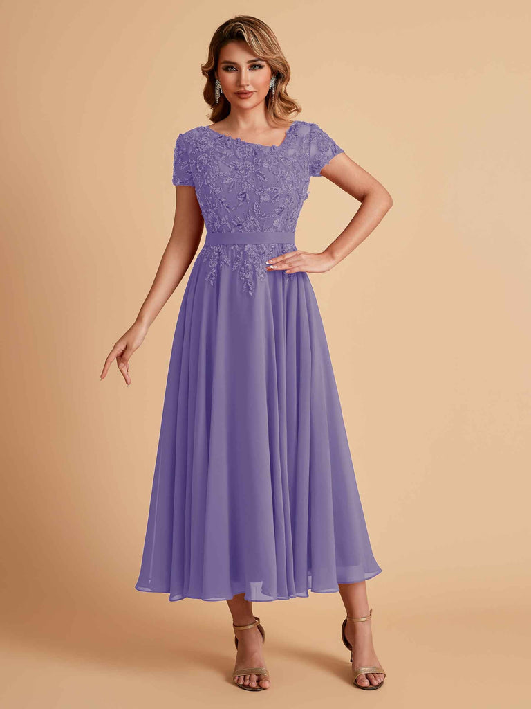 Elegant Chiffon Short Sleeves Short Midi Mother of the Brides Dresses UK Online
