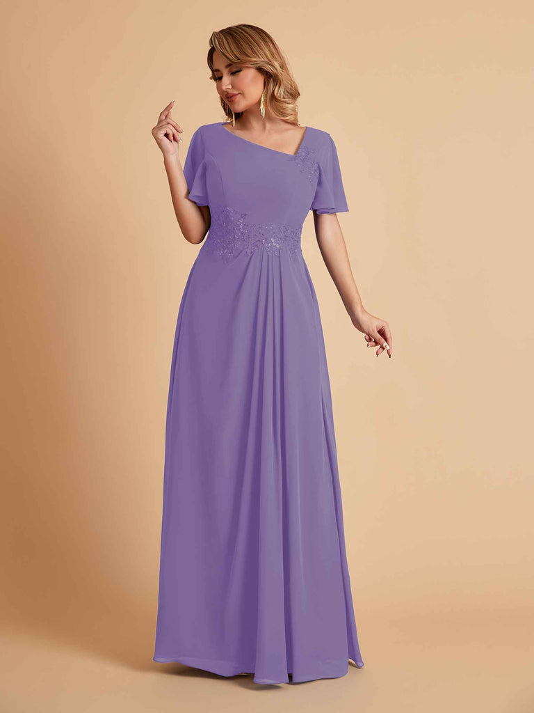 Elegant A-Line Chiffon Short Sleeves V-Neck Mother of the Brides Dresses Online