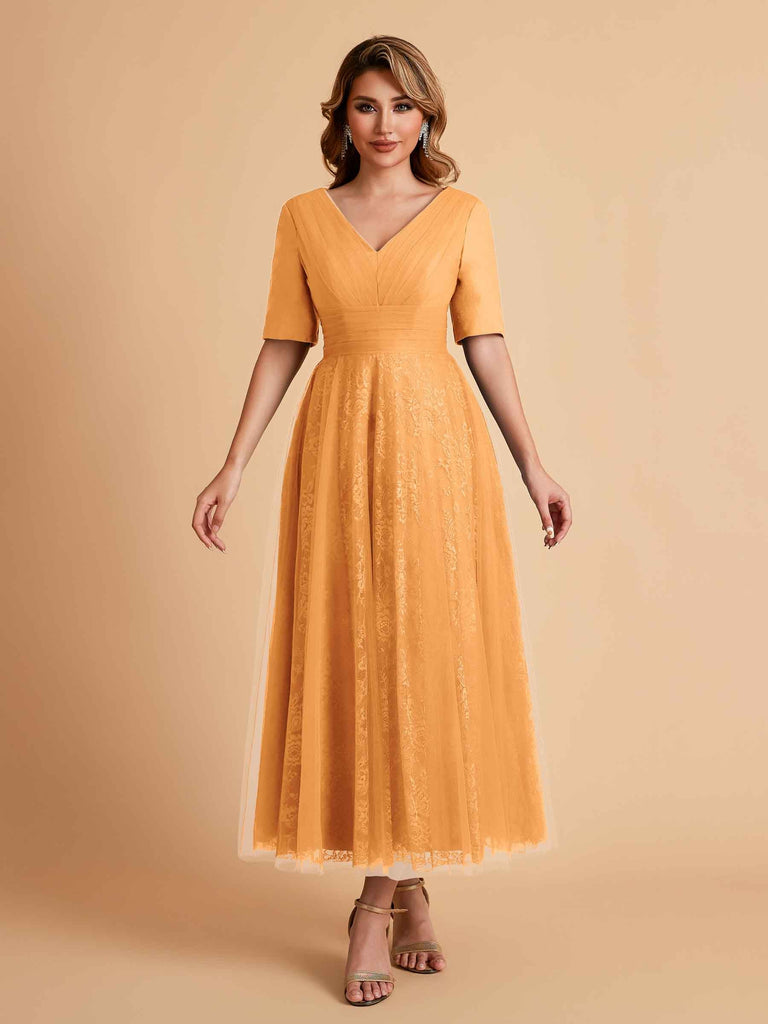 Elegant A-line Short Sleeves Tulle Lace V-neck Maxi Mother of the Brides Dresses Online UK