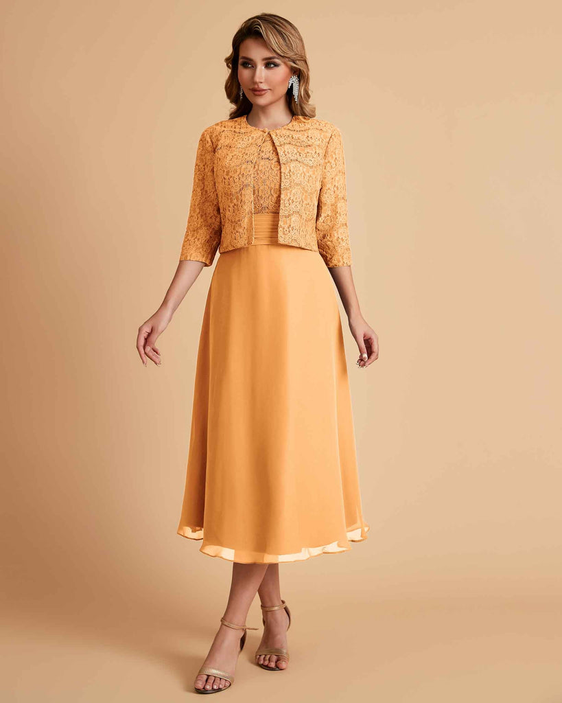 Elegant A-line Bateau Sleeveless Tea Length Short Mother of the Brides Dresses and Jacket