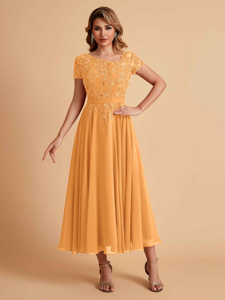 Elegant Chiffon Short Sleeves Short Midi Mother of the Brides Dresses UK Online