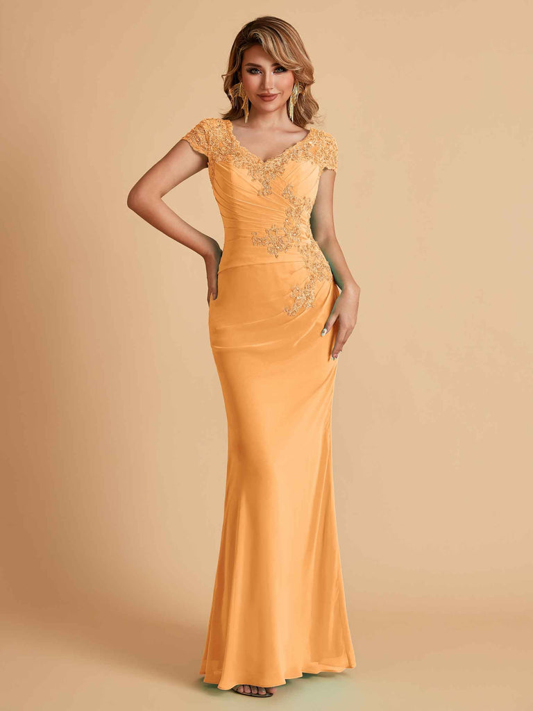 Elegant Mermaid Chiffon Cap Sleeves V-Neck Lace Mother of the Brides Dresses Online UK