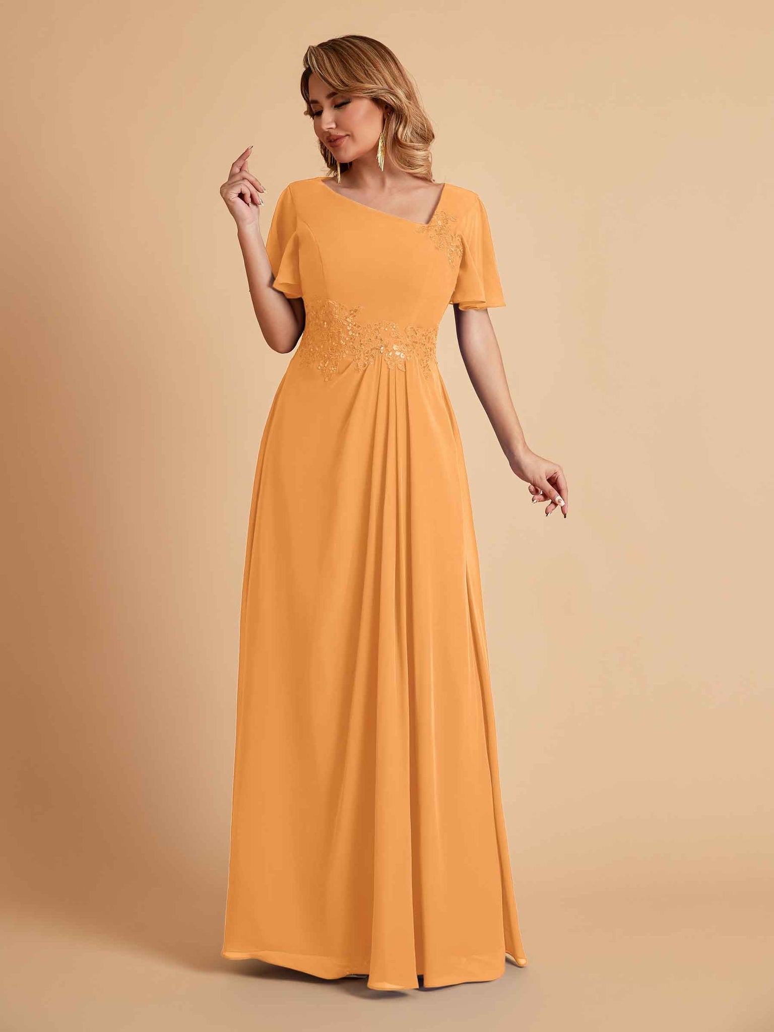 Elegant A-Line Chiffon Short Sleeves V-Neck Mother of the Brides Dresses Online