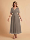 Elegant A-line Short Sleeves Tulle Lace V-neck Maxi Mother of the Brides Dresses Online UK