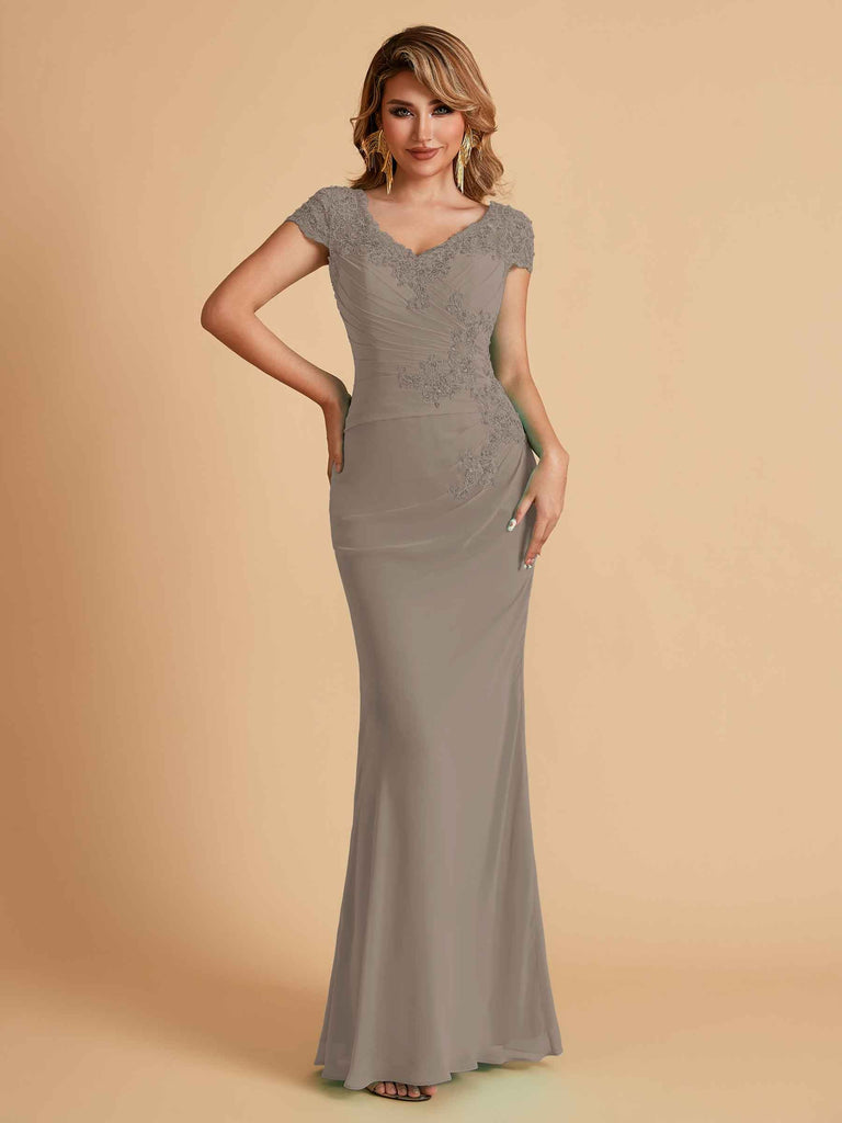 Elegant Mermaid Chiffon Cap Sleeves V-Neck Lace Mother of the Brides Dresses Online UK
