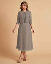 Elegant A-line Bateau Sleeveless Tea Length Short Mother of the Brides Dresses and Jacket