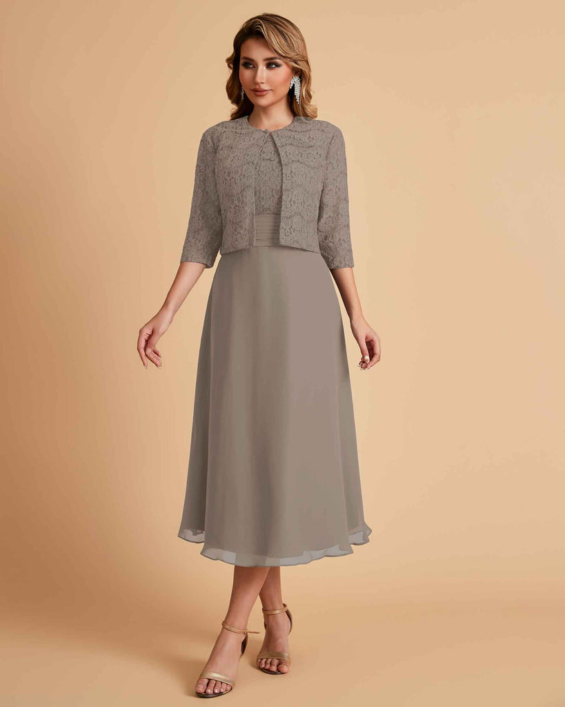 Elegant A-line Bateau Sleeveless Tea Length Short Mother of the Brides Dresses and Jacket