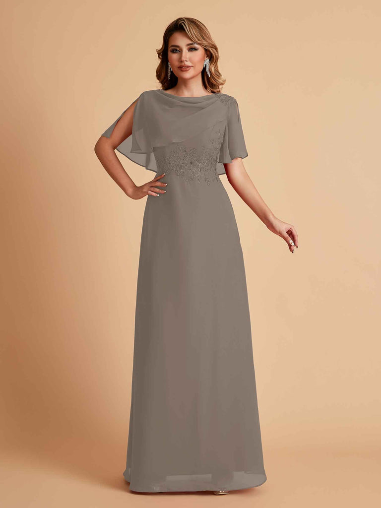 Elegant A-Line Chiffon Half Sleeves Cowl Neck Mother of the Brides Dresses Online UK