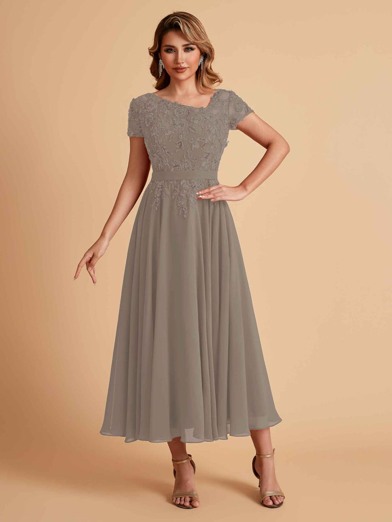 Elegant Chiffon Short Sleeves Short Midi Mother of the Brides Dresses UK Online