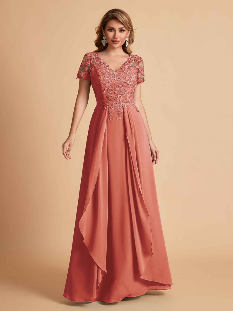 Chiffon Short Sleeves V-neck Lace Mother of the Brides Dresses UK