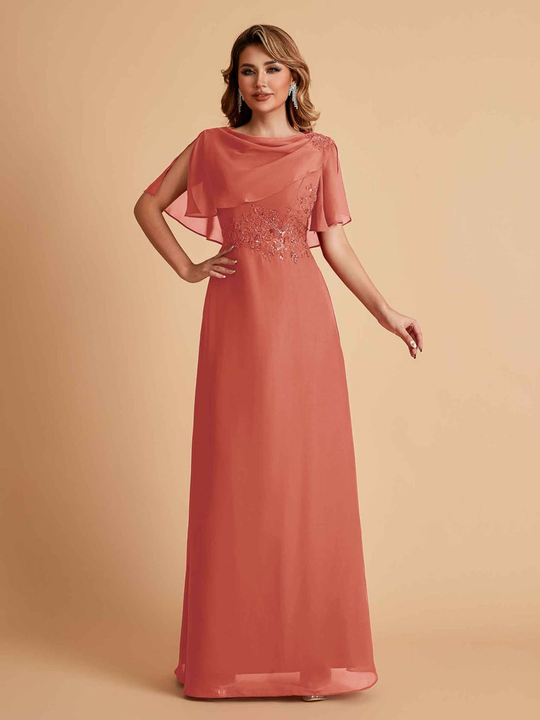 Elegant A-Line Chiffon Half Sleeves Cowl Neck Mother of the Brides Dresses Online UK