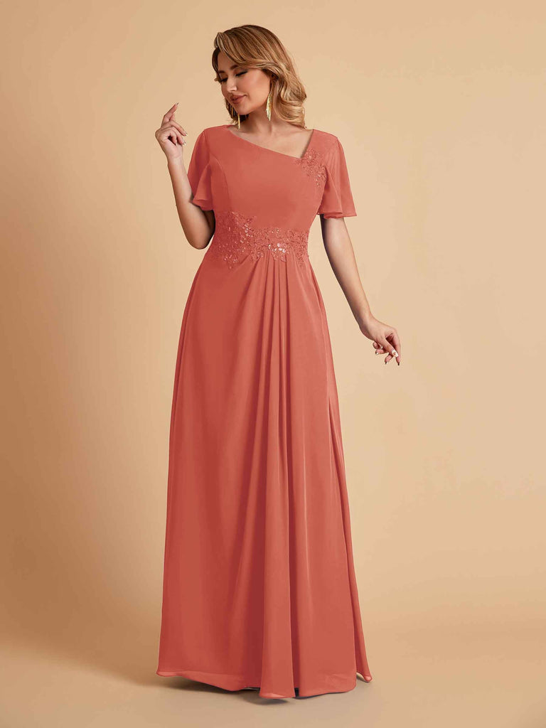 Elegant A-Line Chiffon Short Sleeves V-Neck Mother of the Brides Dresses Online
