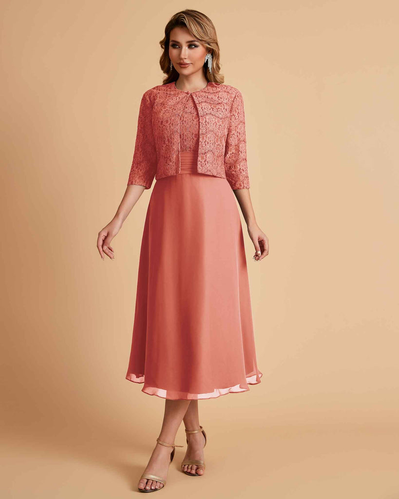 Elegant A-line Bateau Sleeveless Tea Length Short Mother of the Brides Dresses and Jacket