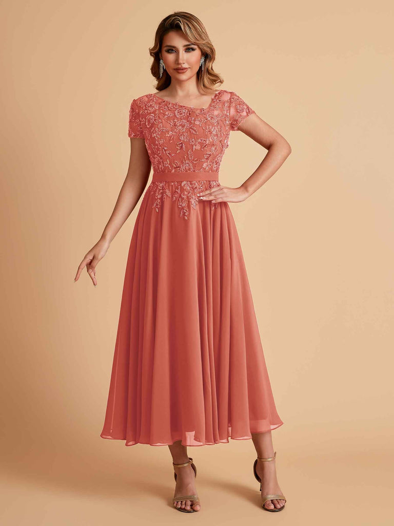 Elegant Chiffon Short Sleeves Short Midi Mother of the Brides Dresses UK Online
