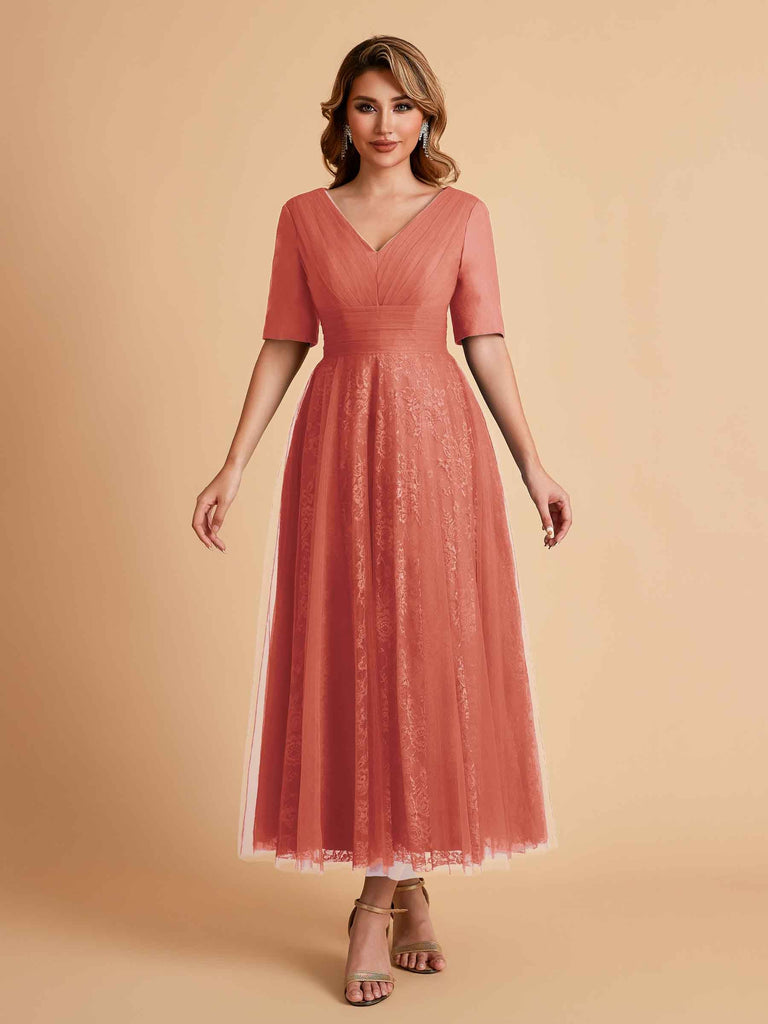 Elegant A-line Short Sleeves Tulle Lace V-neck Maxi Mother of the Brides Dresses Online UK