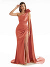 Sexy Side Split One Shoulder Mermaid Long Bridesmaid Dresses In Satin