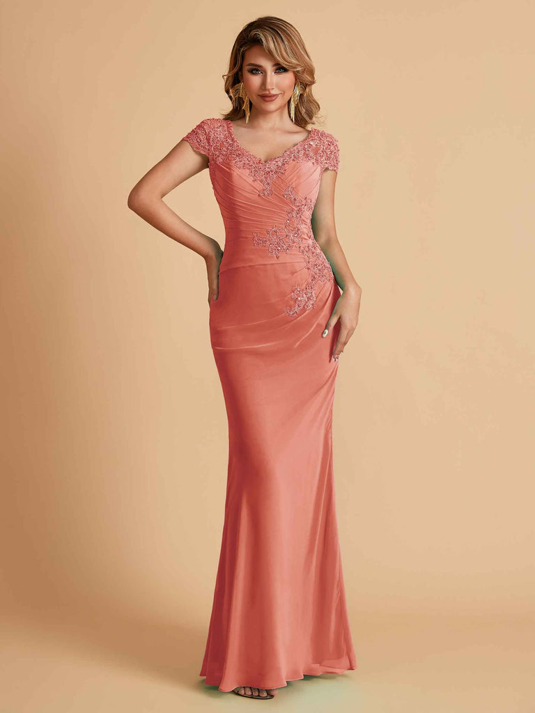 Elegant Mermaid Chiffon Cap Sleeves V-Neck Lace Mother of the Brides Dresses Online UK