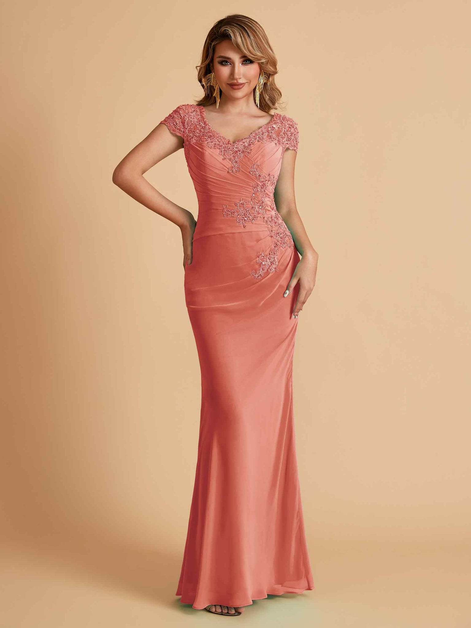 Elegant Mermaid Chiffon Cap Sleeves V-Neck Lace Mother of the Brides Dresses Online UK