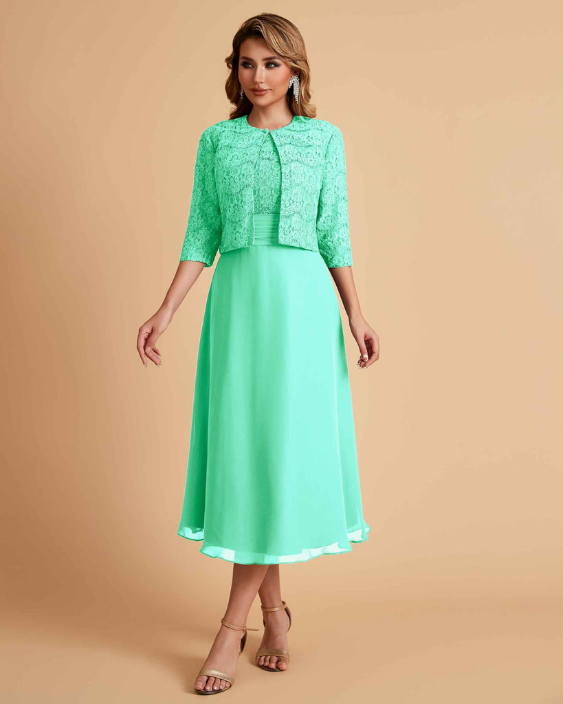 Elegant A-line Bateau Sleeveless Tea Length Short Mother of the Brides Dresses and Jacket