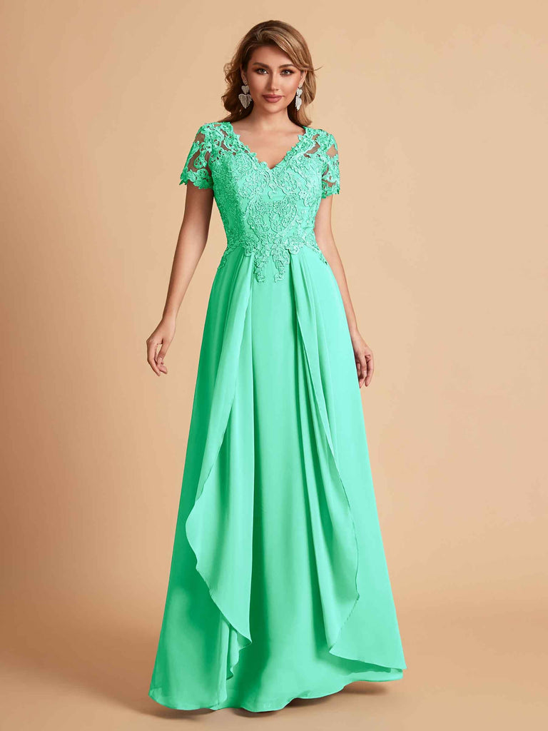 Chiffon Short Sleeves V-neck Lace Mother of the Brides Dresses UK