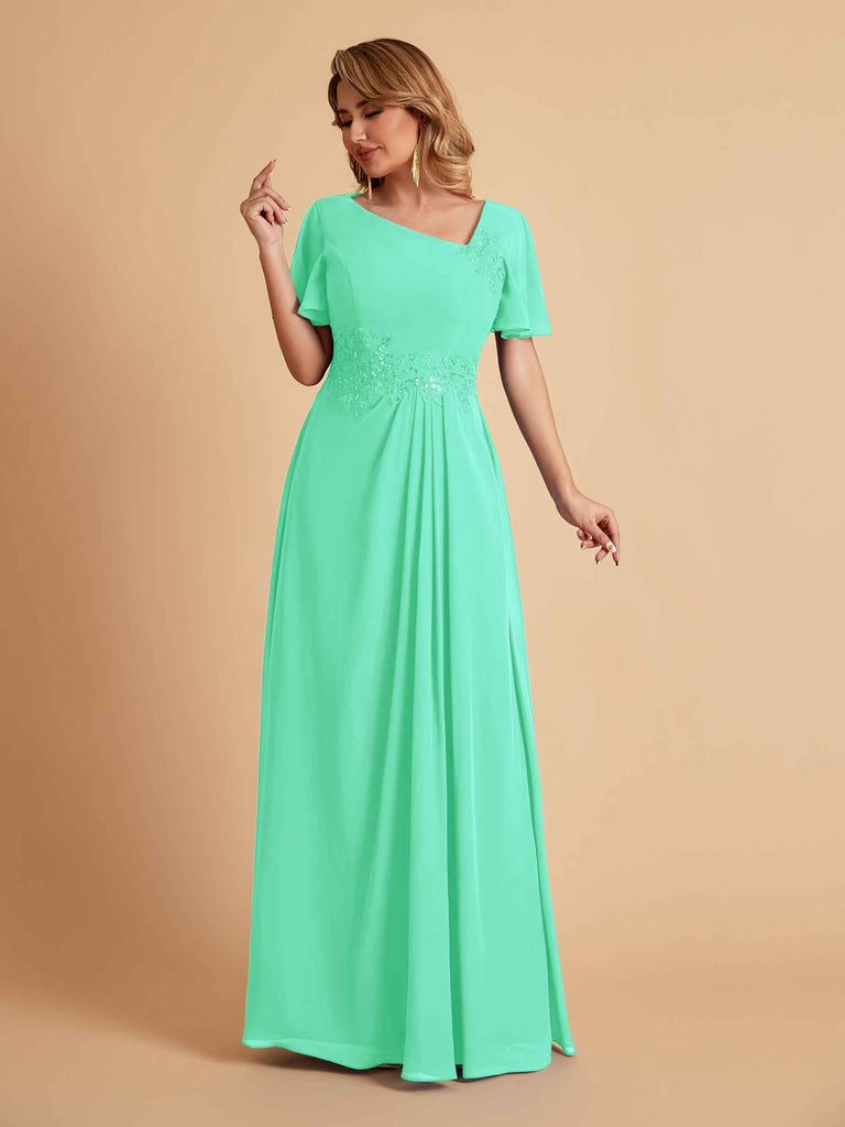 Elegant A-Line Chiffon Short Sleeves V-Neck Mother of the Brides Dresses Online