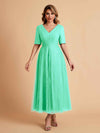 Elegant A-line Short Sleeves Tulle Lace V-neck Maxi Mother of the Brides Dresses Online UK