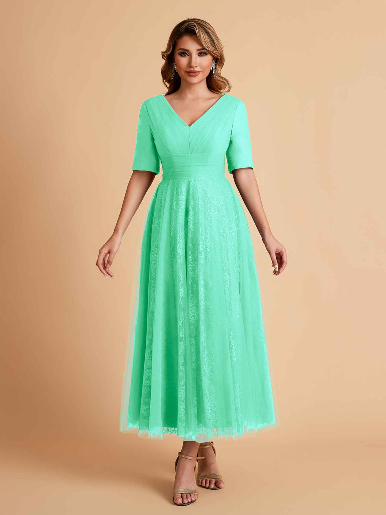 Elegant A-line Short Sleeves Tulle Lace V-neck Maxi Mother of the Brides Dresses Online UK