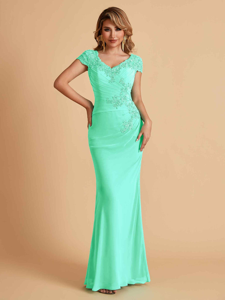 Elegant Mermaid Chiffon Cap Sleeves V-Neck Lace Mother of the Brides Dresses Online UK