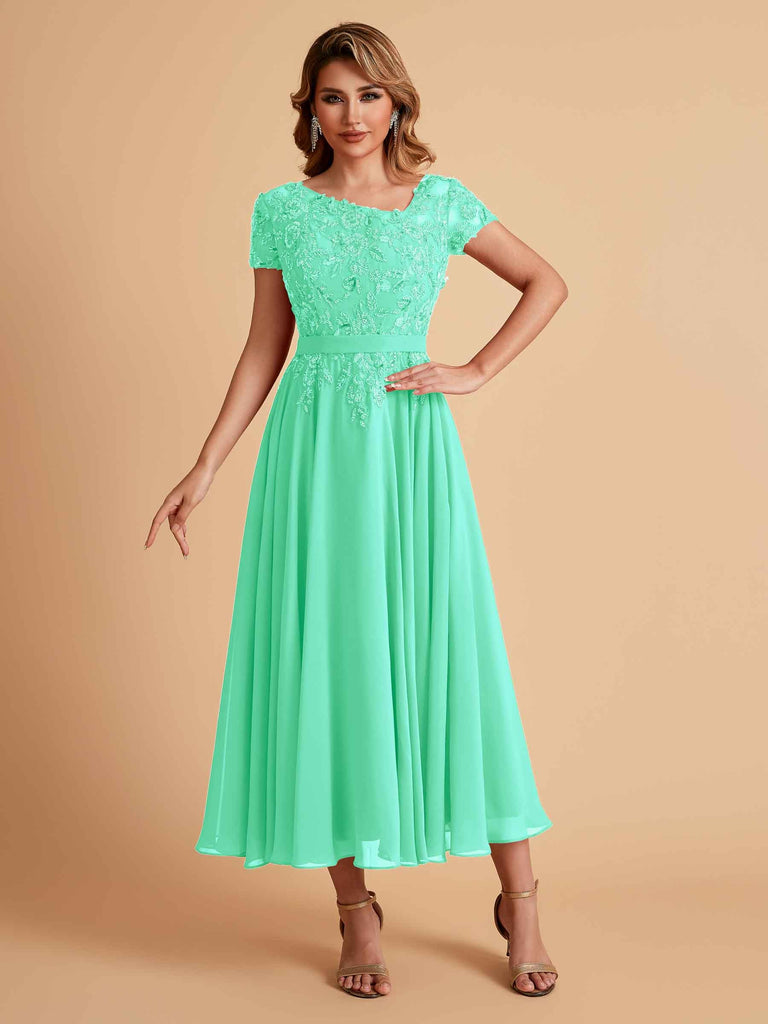 Elegant Chiffon Short Sleeves Short Midi Mother of the Brides Dresses UK Online