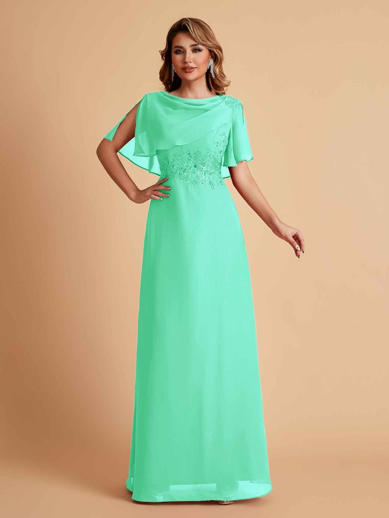 Elegant A-Line Chiffon Half Sleeves Cowl Neck Mother of the Brides Dresses Online UK
