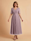 Elegant A-line Short Sleeves Tulle Lace V-neck Maxi Mother of the Brides Dresses Online UK