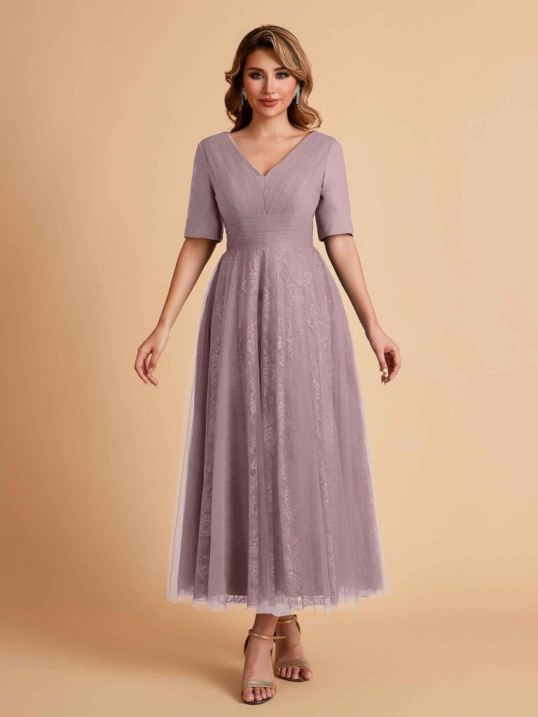 Elegant A-line Short Sleeves Tulle Lace V-neck Maxi Mother of the Brides Dresses Online UK