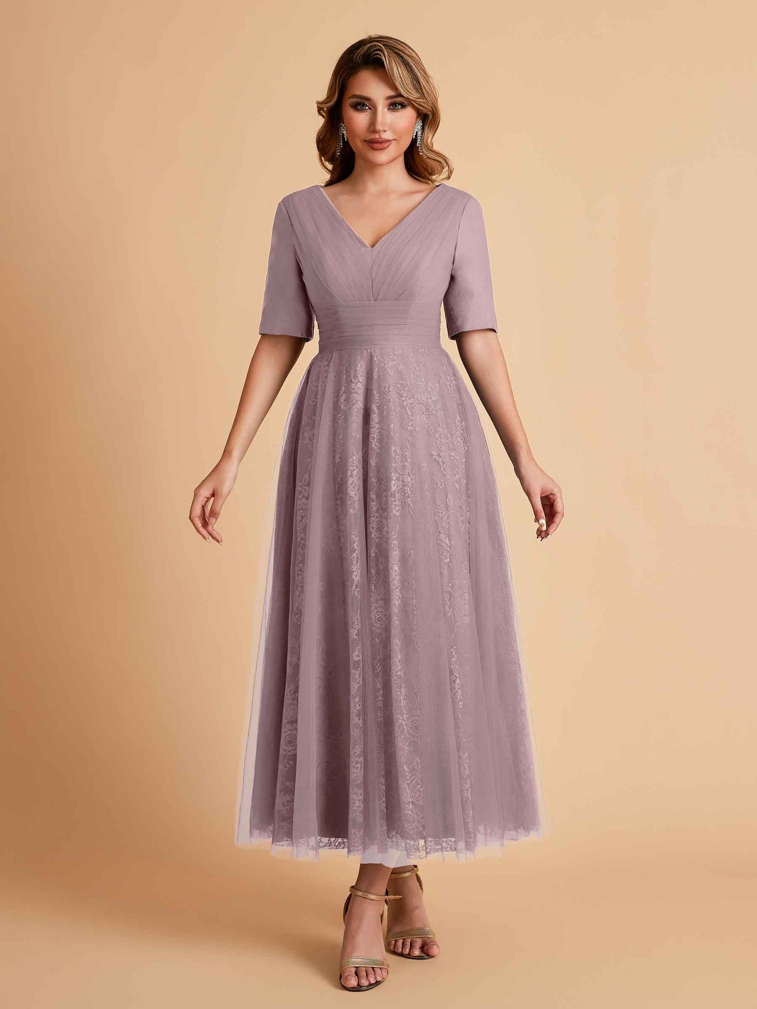 Elegant A-line Short Sleeves Tulle Lace V-neck Maxi Mother of the Brides Dresses Online UK